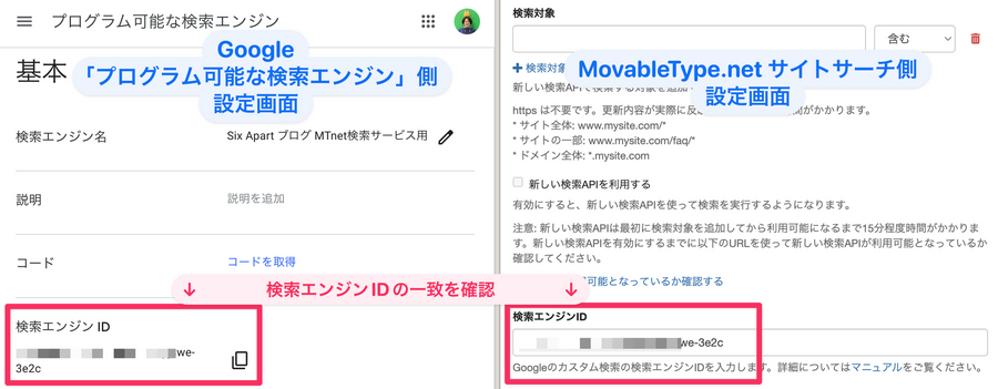 Google プログラム可能な検索エンジンとMovableType.net サイトサーチ設定画面の検索エンジンID記述を比較するスクリーンショット